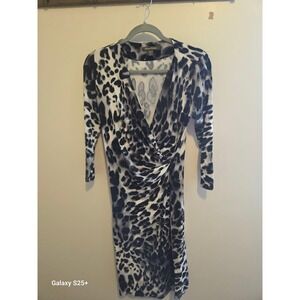 Tommy Bahama Wrap Dress Women XS Gray Leopard Print Faux Wrap Ruched